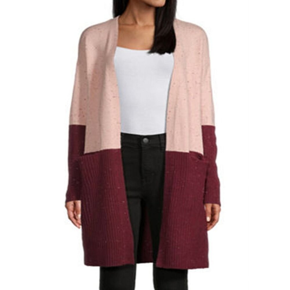 LIZ CLAIBORNE Color Block Long Line Cardigan Sweater Pink Burgundy Maroon Red M